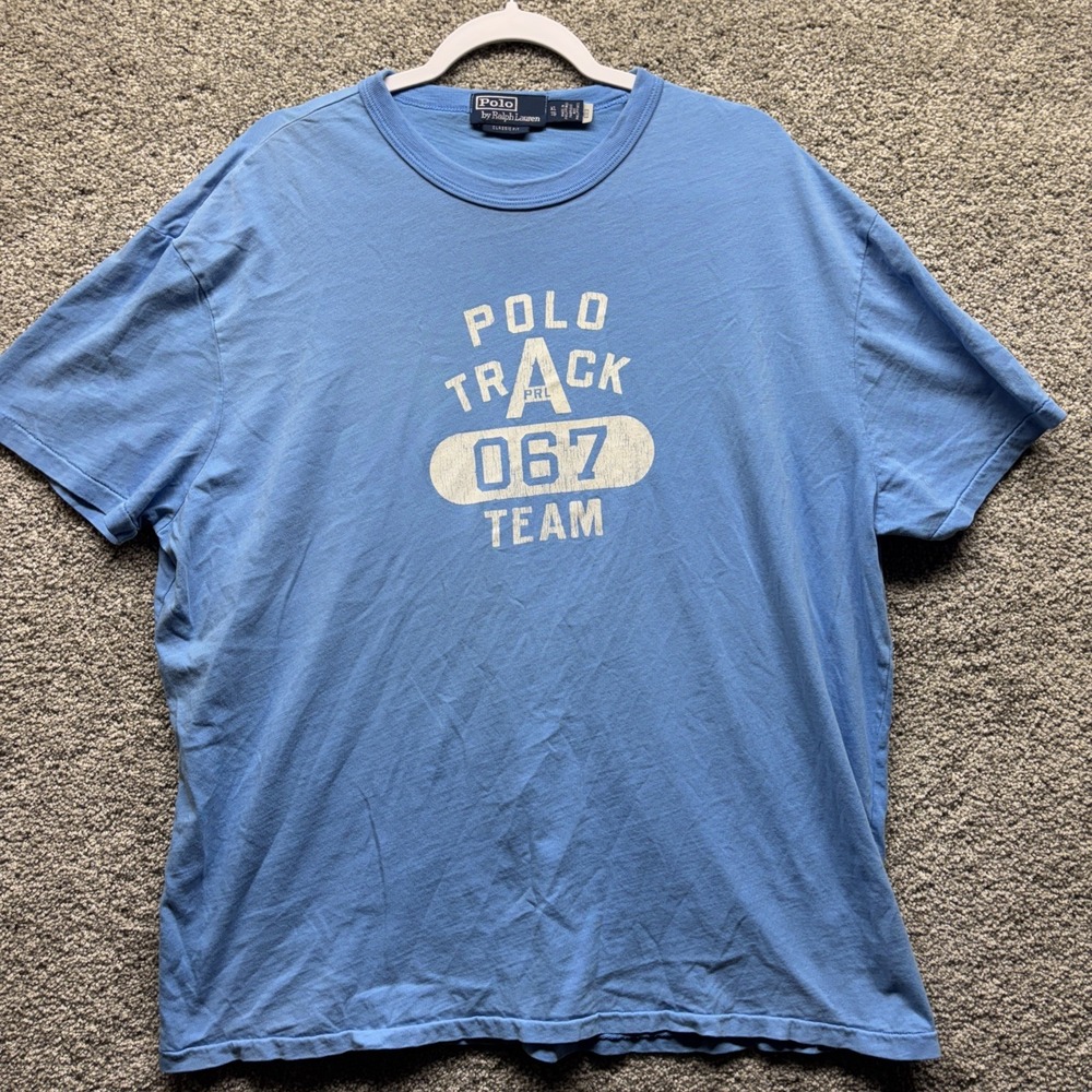 VINTAGE Polo Ralph Lauren Men Shirt XL Blue Track Team Logo Classic Fit